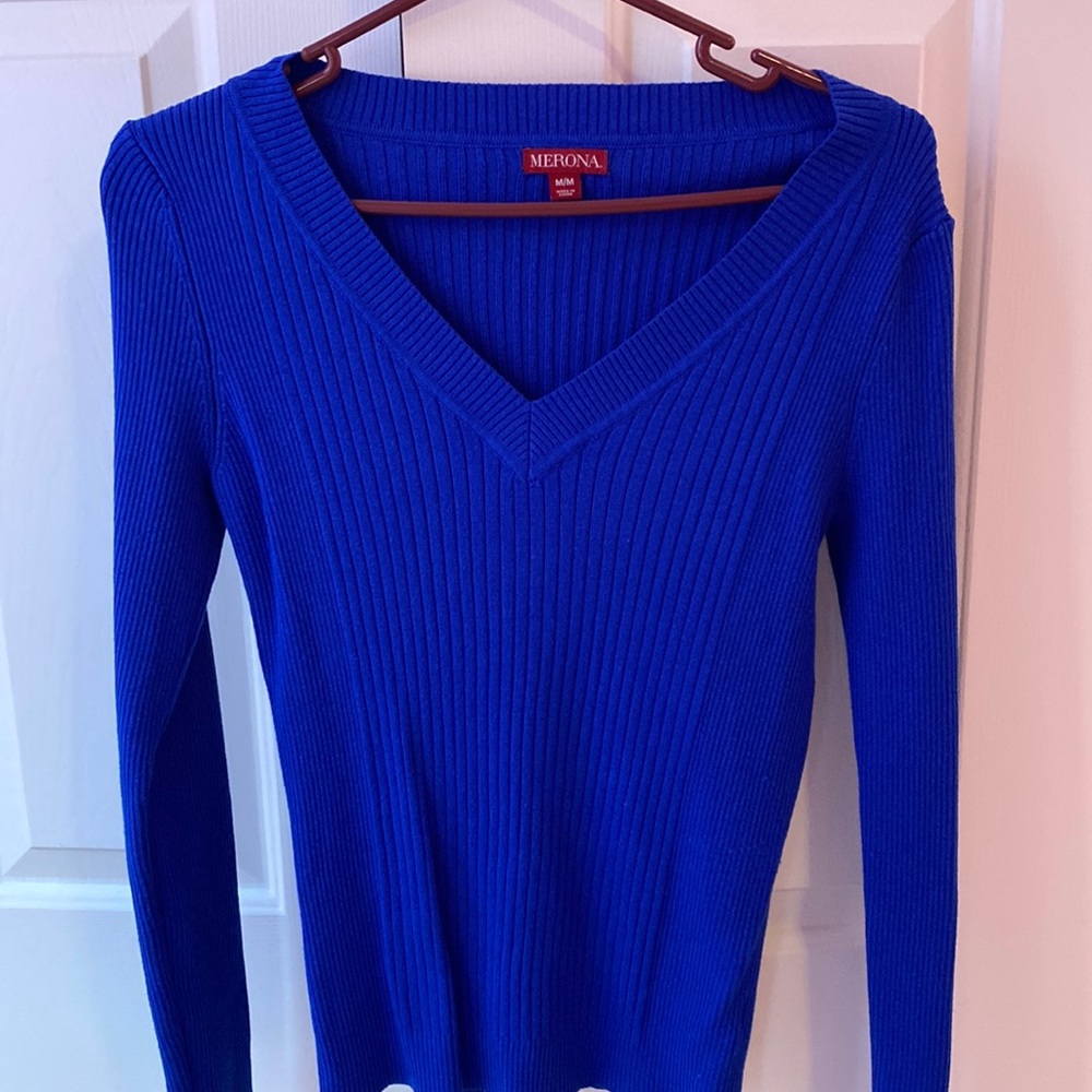 Royal blue ribbed v-neck sweater